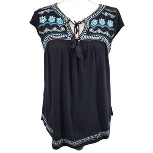 Holister black blouse with blue‎ embroidery and rhinestones size s